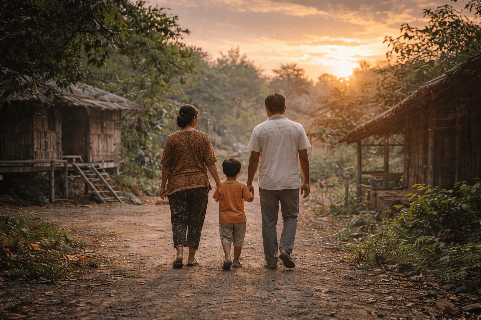 A family walking together in a rural village at sunset
