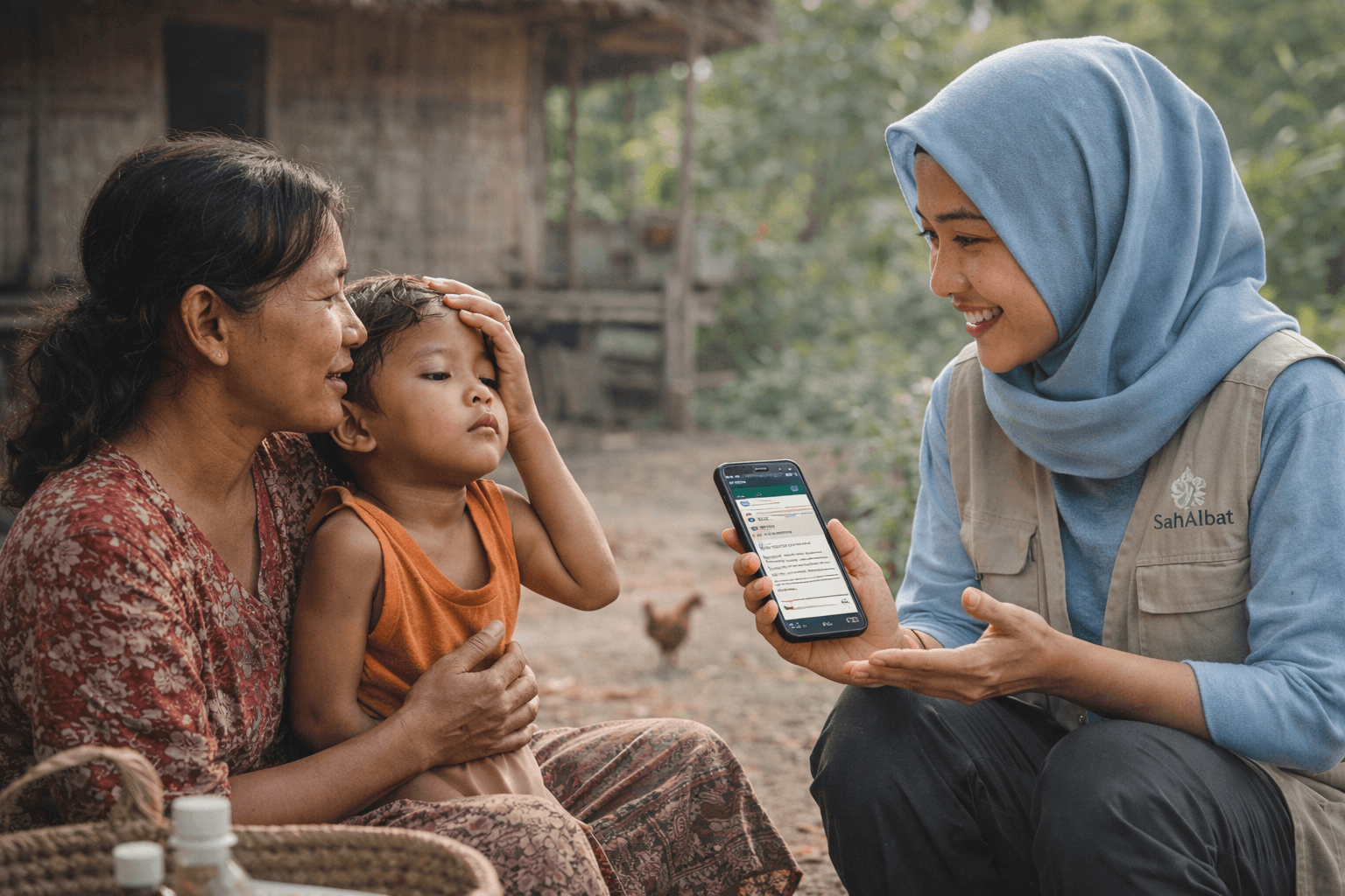 A Kader supporting a mother and child in a rural setting